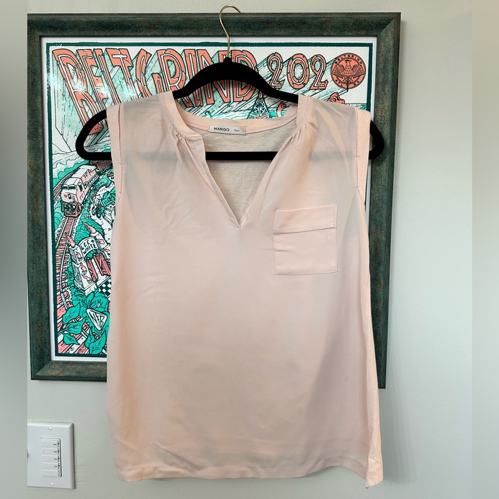 MANGO Women’s Pink Sleeveless V-neck Front Pocket Casual Top Blouse, Size XS